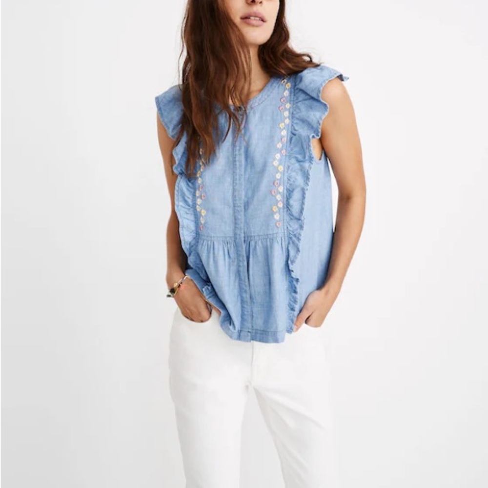 Madewell Women’s Floral Embroidered Denim Ruffle Blouse Top 100% Cotton Blue S